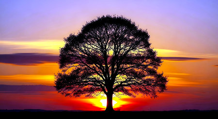 Silhouette of a tree on a background of the sunset.の素材