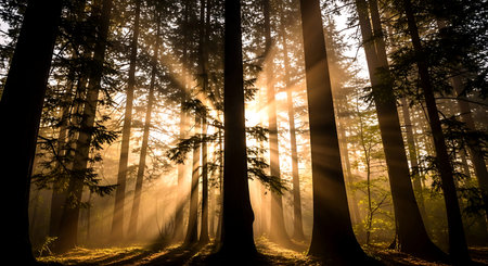 Mysterious forest with sun rays coming through the branches of treesの素材