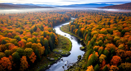 Aerial view of autumn forest and river. Colorful forest and river.の素材
