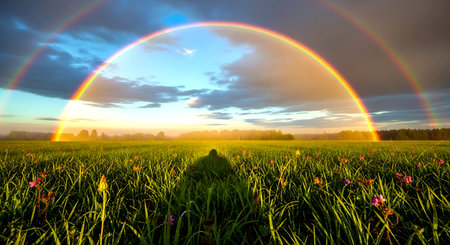 Rainbow over green meadow at sunset. Beautiful nature background.の素材