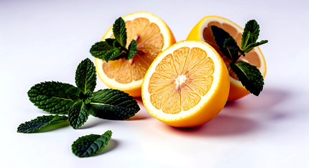 Sliced lemon and mint on a white background. Close-up.の素材