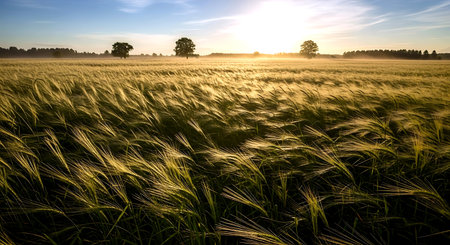 Sunset over a green field with ears of wheat and trees in the backgroundの素材
