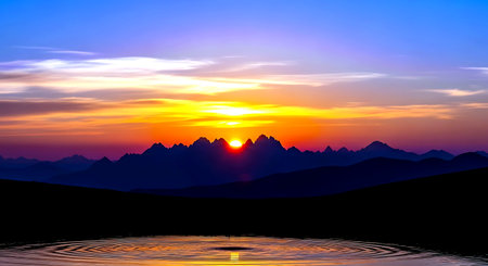 sunset in the mountains with reflection in water, beautiful photo digital pictureの素材