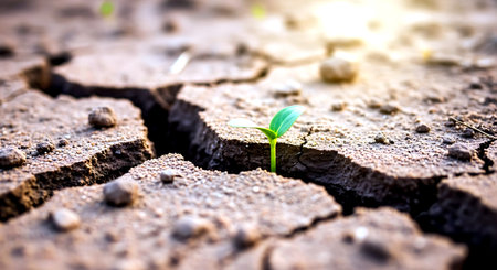 Green sprout growing from crack soil, Global warming and climate change conceptの素材