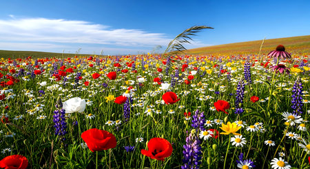Field with poppies, daisies and lupinsの素材