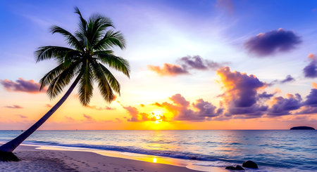 Beautiful tropical beach and sea with coconut palm tree at sunset timeの素材