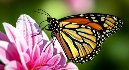 Butterfly on a pink dahlia flower with dew dropsの素材