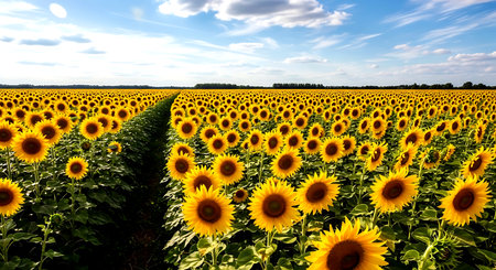Field of sunflowers on a background of blue sky with cloudsの素材