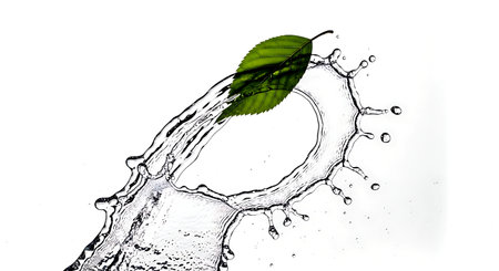 Water splash with green leaf isolated on white background with clipping path.の素材
