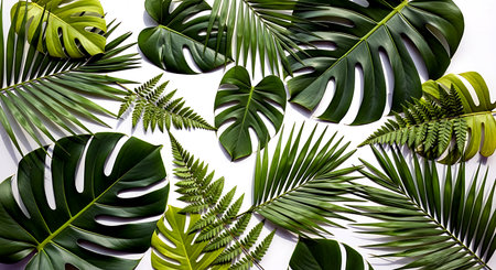 Tropical leaves on white background. Flat lay, top viewの素材