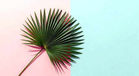 Tropical palm leaf on pastel blue and pink background. Minimal summer conceptの素材