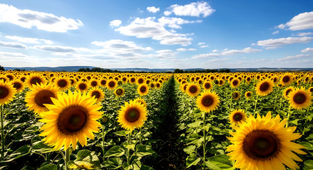 Field of sunflowers on a background of blue sky with cloudsの素材