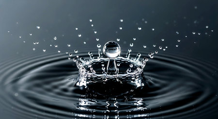 Water drop with ripples on dark background. Splash effect after collision a falling drops with water Surfaceの素材