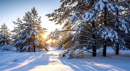 Sunset in the winter forest. Beautiful winter landscape with snowy treesの素材