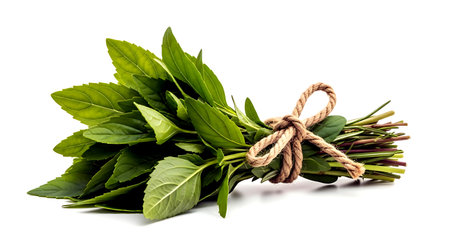 Fresh basil leaves tied with rope isolated on white background. Close up.の素材