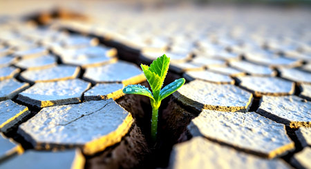 Green sprout growing from cracked earth. Concept of global warming.の素材
