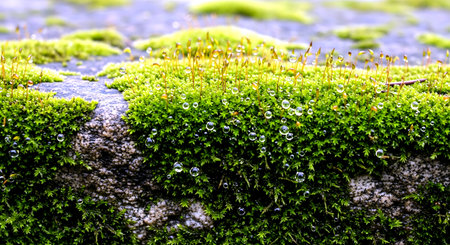 Green moss growing on the rock. Selective focus with shallow depth of field.の素材