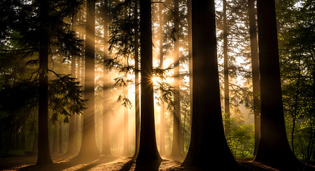 Foggy forest with sunbeams and rays of light.の素材