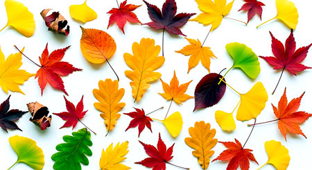 Colorful autumn leaves on white background. Flat lay, top viewの素材
