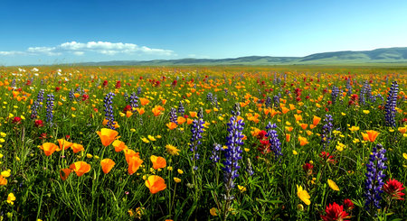 Meadow of poppies and lupins in Californiaの素材