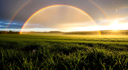 Sunset over a field with grass and a rainbow in the skyの素材