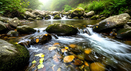 Mountain stream in the forest. Beautiful landscape with a waterfall.の素材