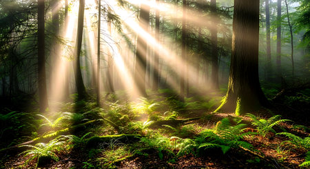 Beautiful summer forest with sunbeams and ferns.の素材