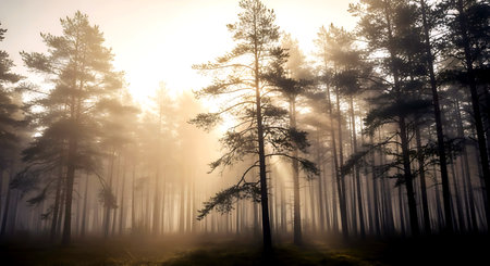 Foggy pine forest in the morning. Panoramic viewの素材