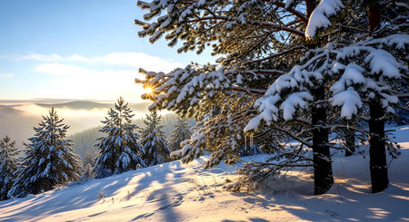 Beautiful winter landscape with pine trees covered with snow in mountains.の素材