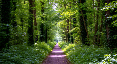 Path in the green forest with trees and grass. Nature background.の素材