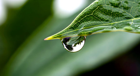 Water drop on green leaf with copy space for text or image.の素材