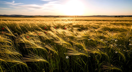 Sunset over a wheat field with poppies in the foregroundの素材