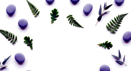 Easter composition. Easter eggs, leaves on white background. Flat lay, top view, copy spaceの素材