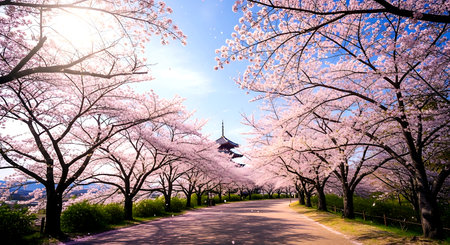 Cherry blossoms in full bloom along the road, Tokyo, Japanの素材