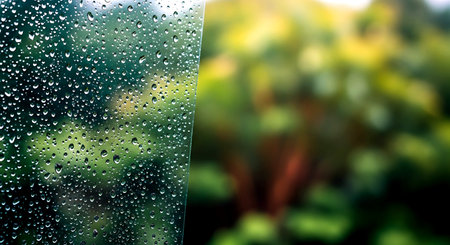 Rain drops on the window glass with blurred green garden background. Selective focus.の素材