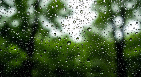 Rain drops on window glass with green forest bokeh background.の素材