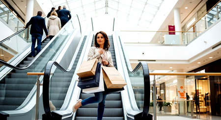 Young woman with shopping bags on escalator in shopping center. Shopping concept.の素材