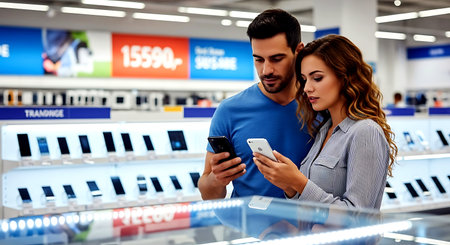 Couple with smartphones in shopping mall. Man and woman looking at mobile phone.の素材