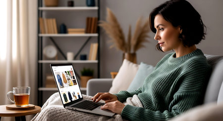 woman using laptop with online shopping app on screen while sitting on sofa at homeの素材