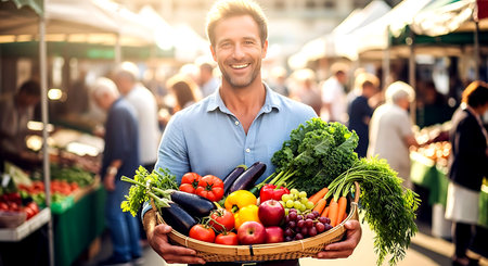 Portrait of a smiling young man holding a basket full of fresh vegetables at the marketの素材