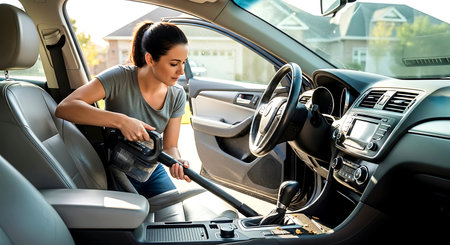 Young woman cleaning car interior with vacuum cleaner. Housework concept.の素材