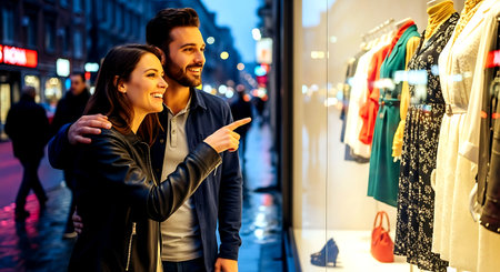 Young couple shopping in the city. Man and woman choosing clothes in the shop window.の素材