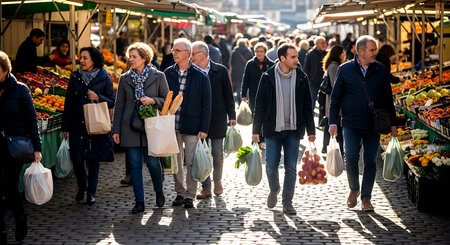 People shopping at the central market in Milan. Milan is the capital and largest city of Italy.の素材