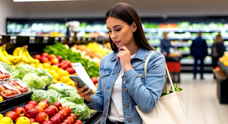 Beautiful woman shopping in a grocery store using a digital tablet and a smartphoneの素材