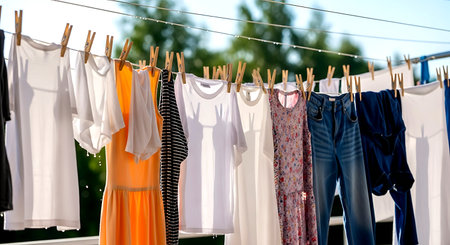 Clothes drying on a clothesline in the summer sun. Selective focus.の素材