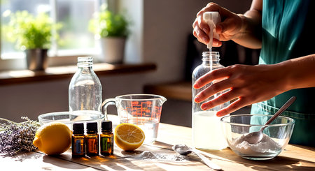 Female hands pouring oil from bottle into glass with lemon balm on tableの素材