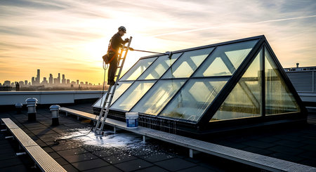 Silhouette of a man cleaning the roof of a modern building.の素材