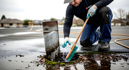 Cleaning the roof with a brush and a bucket of water.の素材