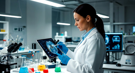 science, chemistry, technology, biology, medicine and people concept - close up of female scientist or doctor with tablet pc computer making research in clinical laboratoryの素材