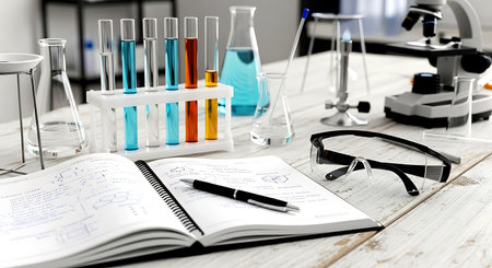 Laboratory glassware with test tubes and notepad on wooden tableの素材